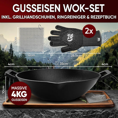 Gusseisen Wok Pfanne 36 cm - mit Grillhandschuhe