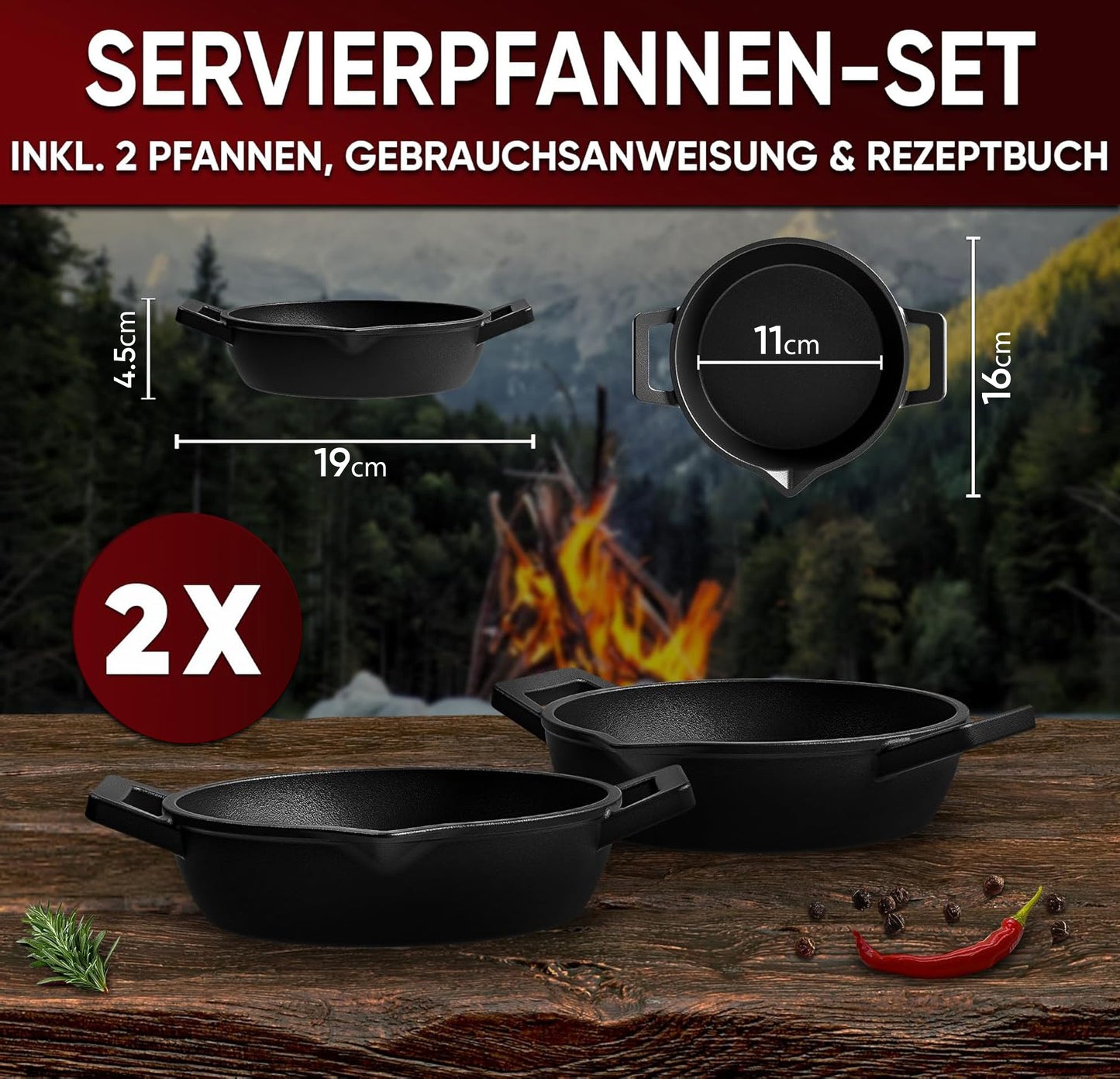 GUSSKÖNIG Gusseisen Grillpfännchen für Grill  - 2x kleine Pfanne