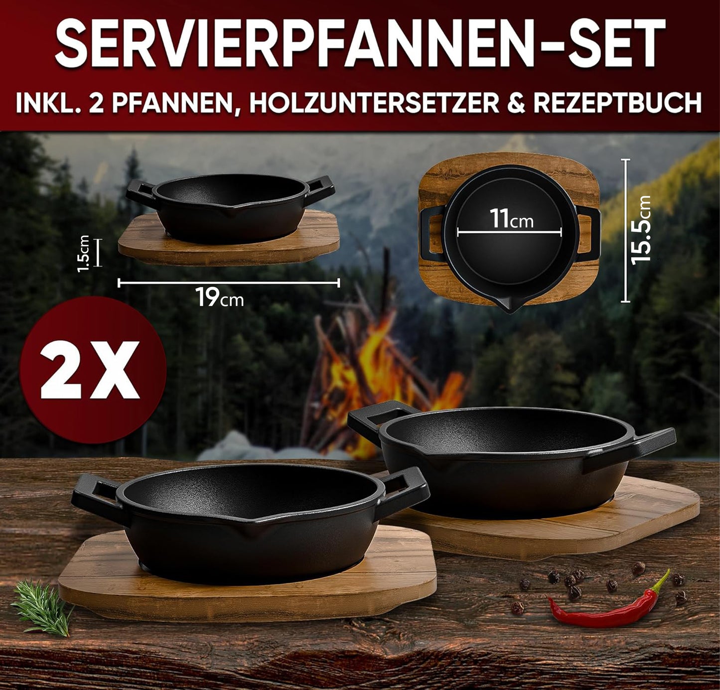 GUSSKÖNIG Gusseisen Grillpfännchen für Grill  - 2x kleine Pfanne