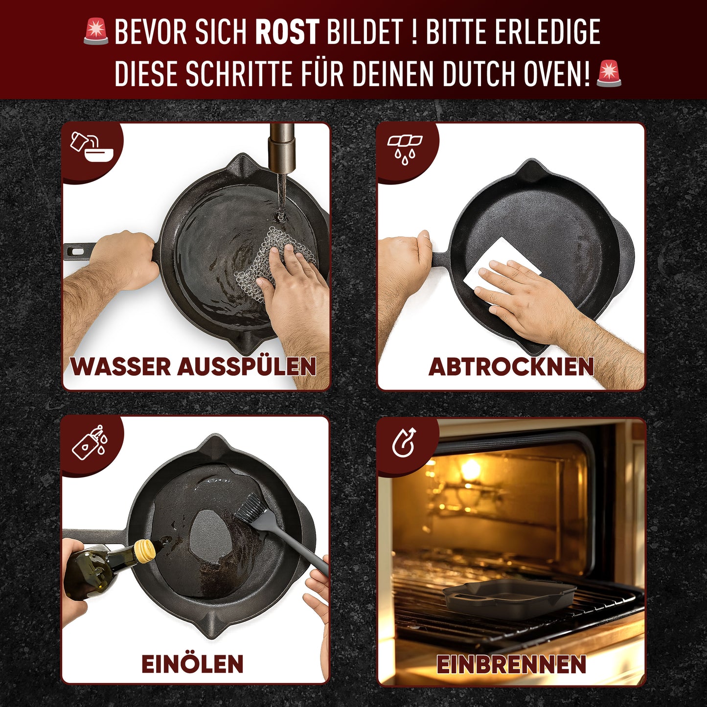 Bratpfanne mit Edelstahl Ringreiniger und Leder-Griffschutz [26cm,30cm]