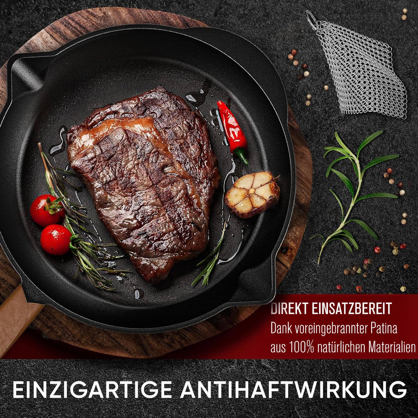 Bratpfanne mit Edelstahl Ringreiniger und Leder-Griffschutz [26cm,30cm]