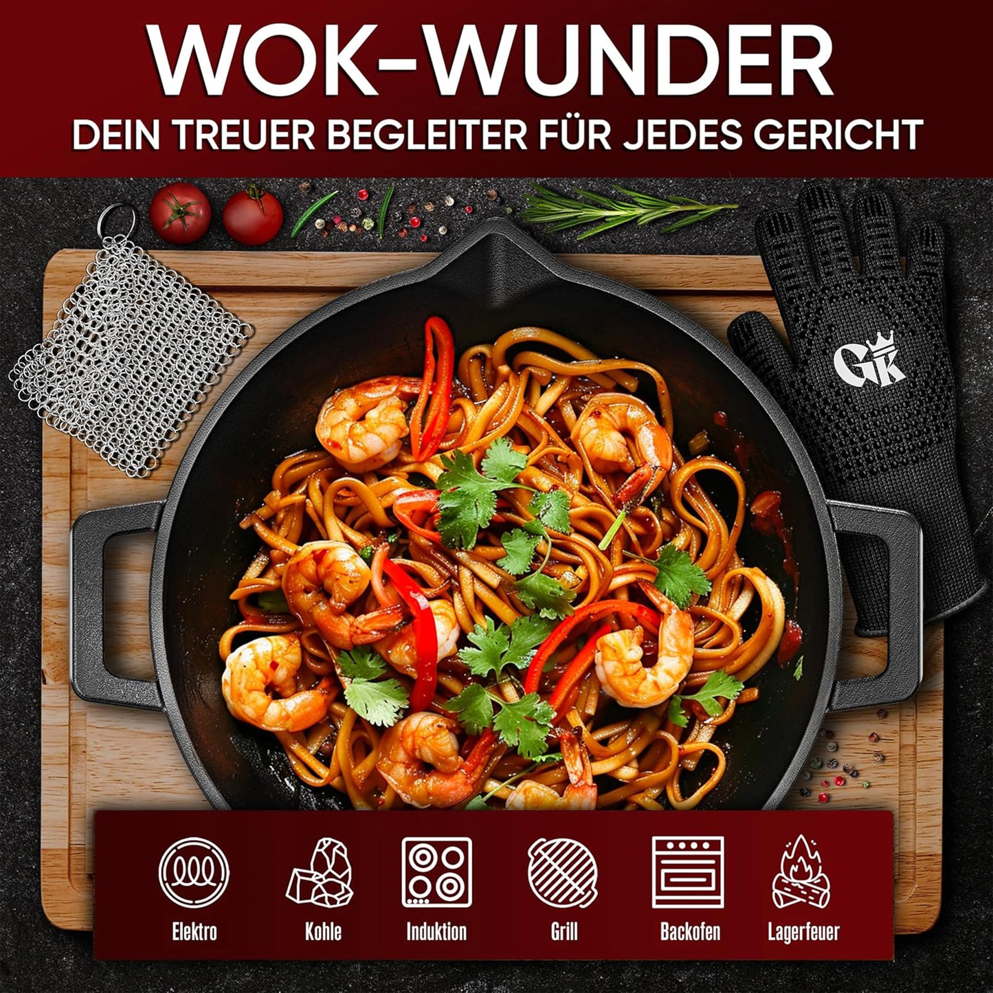 Gusseisen Wok Pfanne 36 cm - mit Grillhandschuhe