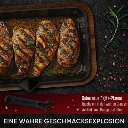 Gusseisen-Fajita-Pfanne mit Servierbrett – Grillpfanne mit abnehmbarem Griff
