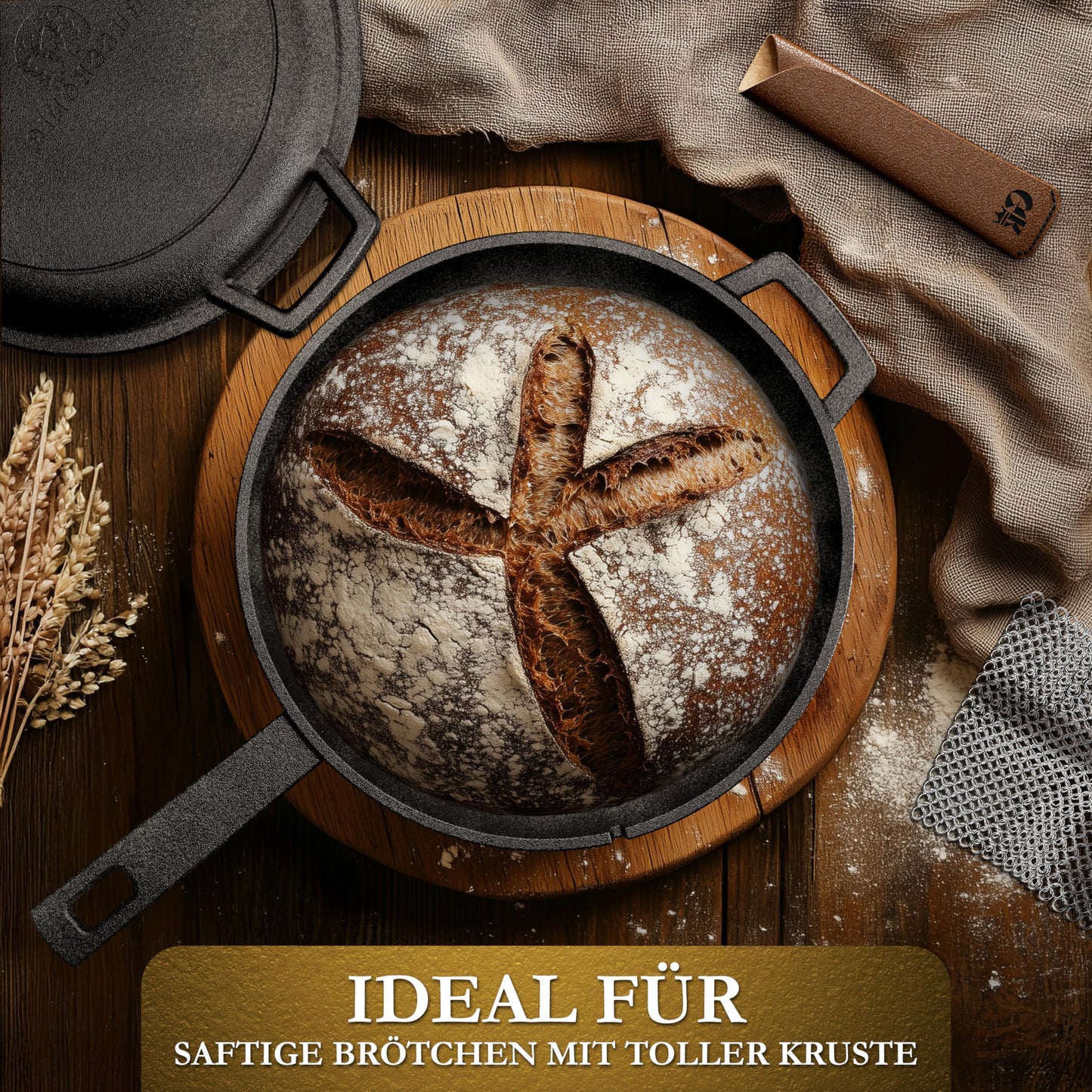 2in1 Dutch Oven: 4,8L Topf + 1,8L Pfanne, Gusseisen, eingebrannt, mit Deckel, Zubehör & Kochbuch