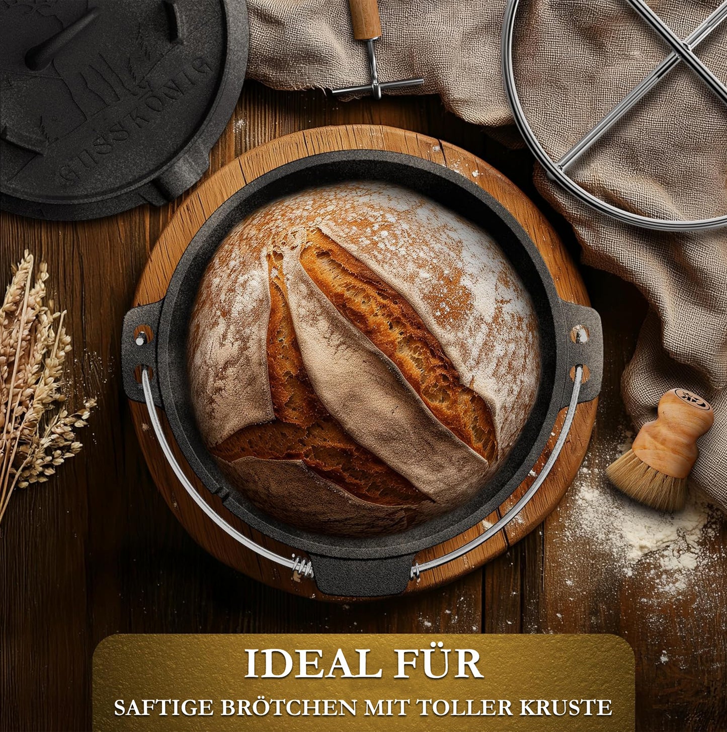 Gusskönig Gusseisen Brotbackform mit Deckel 26 cm - Brotbacktopf inkl. Rezeptbuch [4.5L, 9L, 12L]