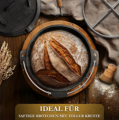 Gusskönig Gusseisen Brotbackform mit Deckel 26 cm - Brotbacktopf inkl. Rezeptbuch [4.5L, 9L, 12L]