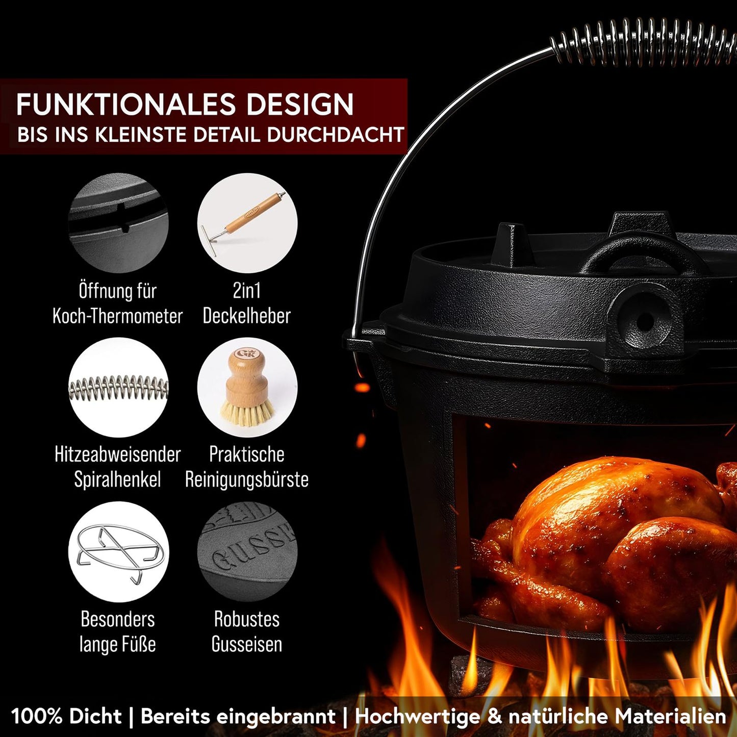 Dutch Oven mit 2in1Deckelheber und Untersetzer [5L, 7L, 9L, 12L]