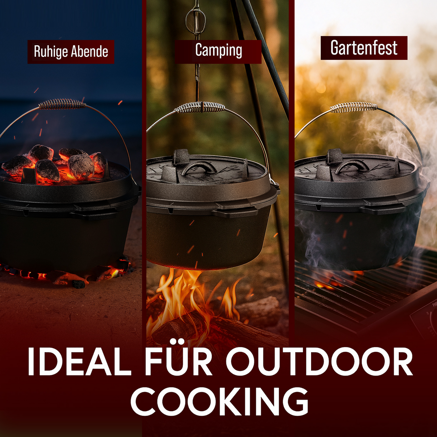Rustikaler Dutch Oven mit Deckelheber und Untersetzer [5L, 7L, 9L, 12L]