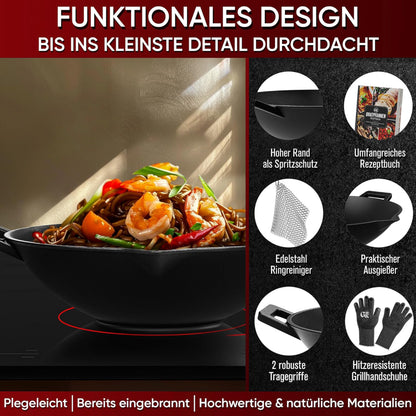 Gusseisen Wok Pfanne 36 cm - mit Grillhandschuhe
