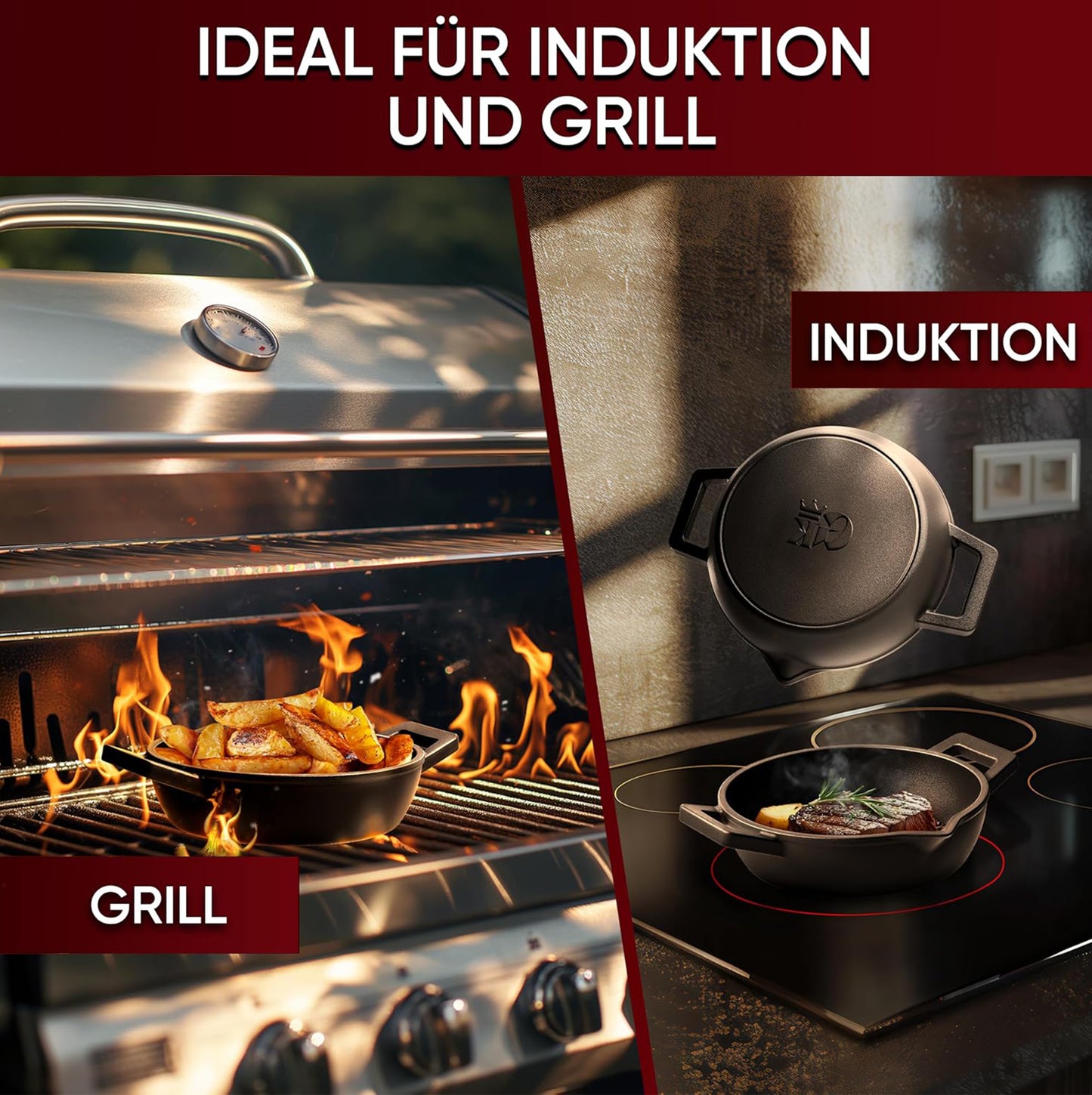 GUSSKÖNIG Gusseisen Grillpfännchen für Grill  - 2x kleine Pfanne
