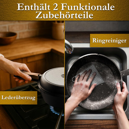 2in1 Dutch Oven: 4,8L Topf + 1,8L Pfanne, Gusseisen, eingebrannt, mit Deckel, Zubehör & Kochbuch