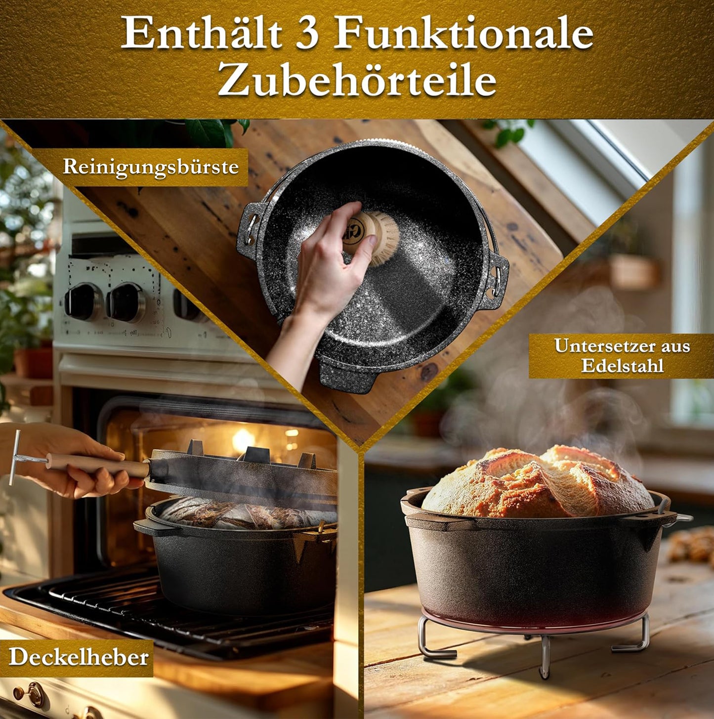 Gusskönig Gusseisen Brotbackform mit Deckel 26 cm - Brotbacktopf inkl. Rezeptbuch [4.5L, 9L, 12L]