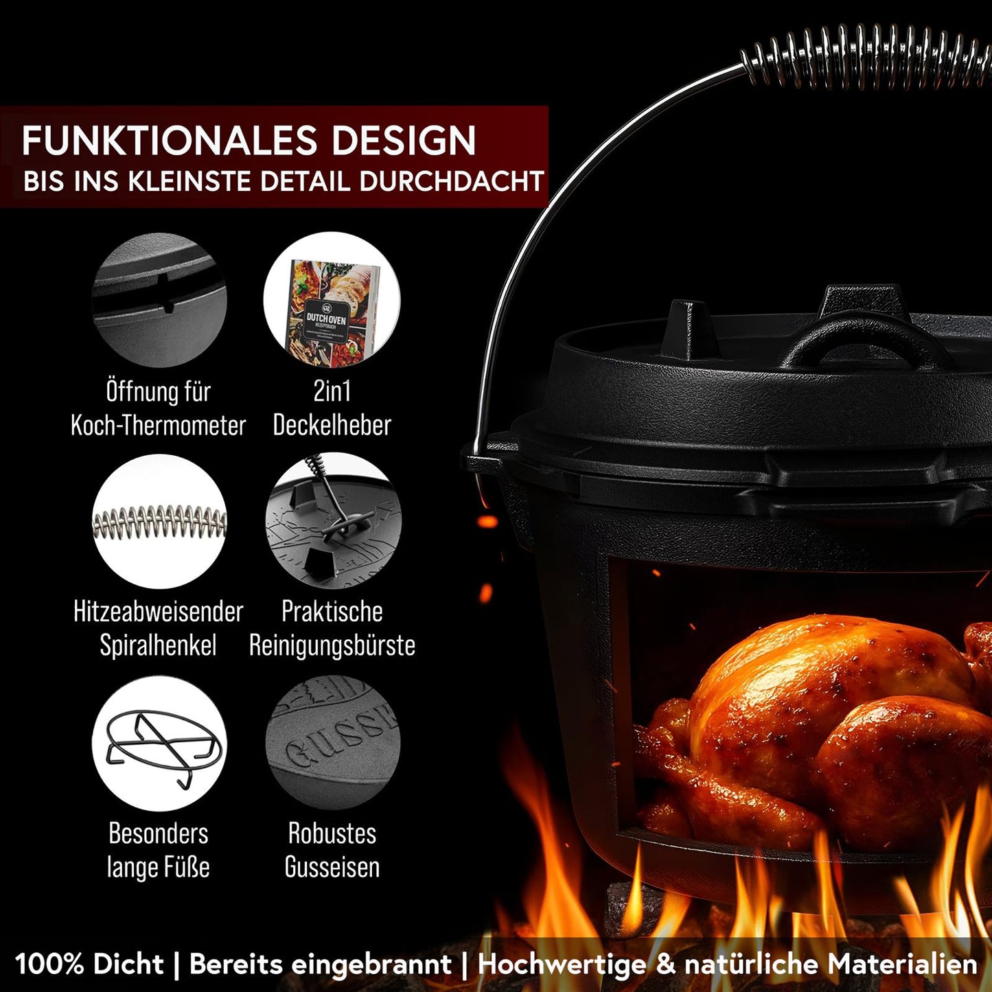 Rustikaler Dutch Oven mit Deckelheber und Untersetzer [5L, 7L, 9L, 12L]