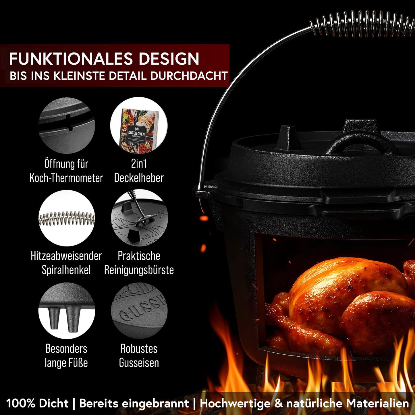Rustikaler Dutch Oven mit Deckelheber und Standfüßen [5L, 7L, 9L, 12L]
