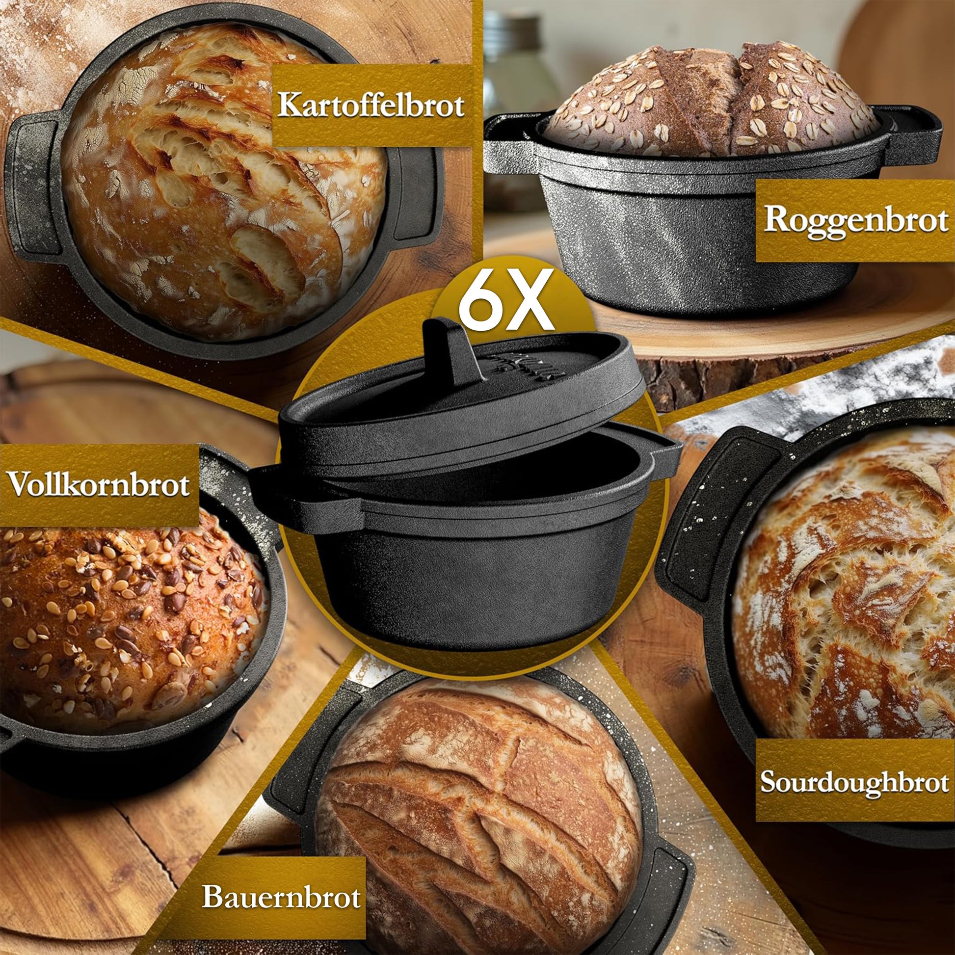 GUSSKÖNIG Mini Gusseisen Brotbackform Set – [6Stk, 4Stk] 300ml Brotbacktopf mit Deckel