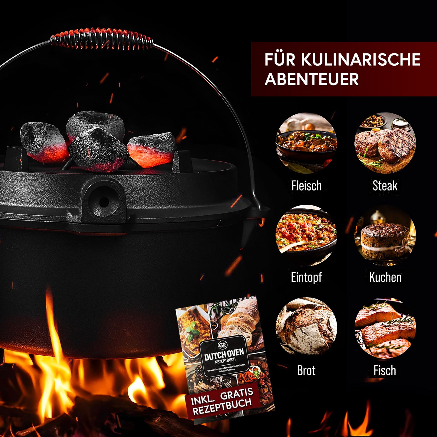 Dutch Oven mit 2in1Deckelheber und Untersetzer [5L, 7L, 9L, 12L]