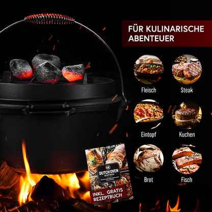Rustikaler Dutch Oven mit Deckelheber und Untersetzer [5L, 7L, 9L, 12L]