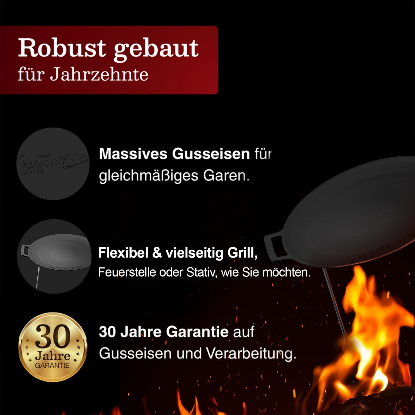 Gusseisen Grillplatte Ø42 cm mit 3 Edelstahlbeinen