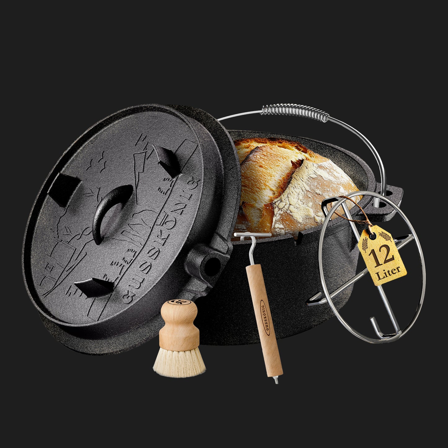 Gusskönig Gusseisen Brotbackform mit Deckel 26 cm - Brotbacktopf inkl. Rezeptbuch [4.5L, 9L, 12L]