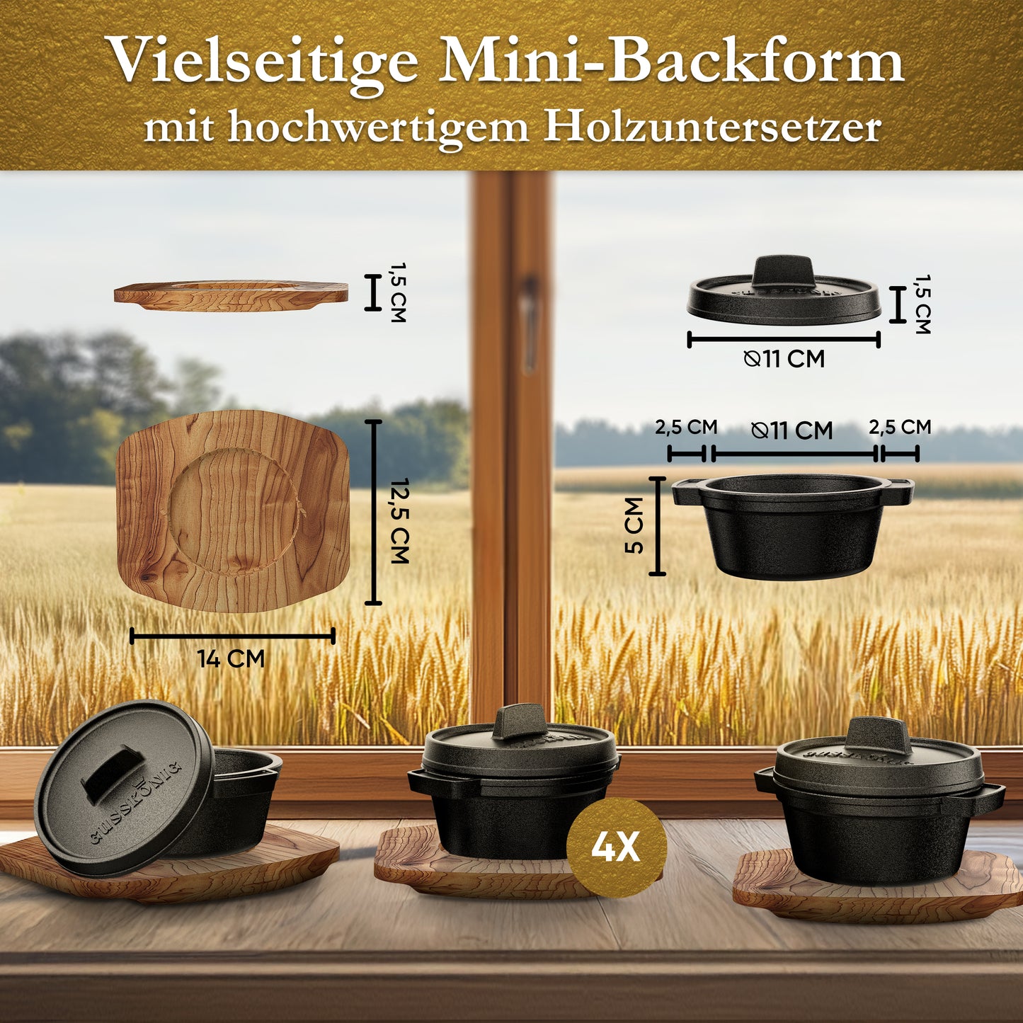 GUSSKÖNIG Mini Gusseisen Brotbackform Set – [6x, 4x] 300ml Brotbacktopf mit Deckel