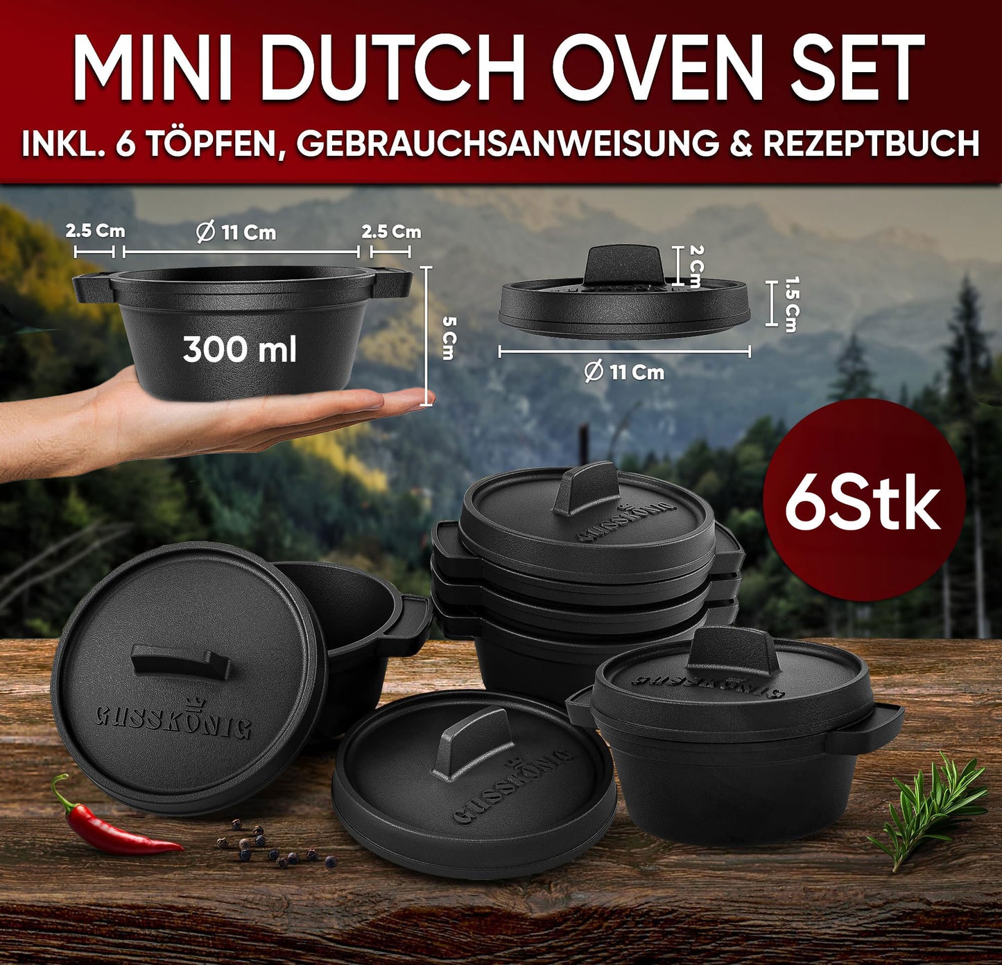Dutch Oven Set Mini- 6x 300ml & 4x 300ml Gusseisen Mini Topf mit Deckel