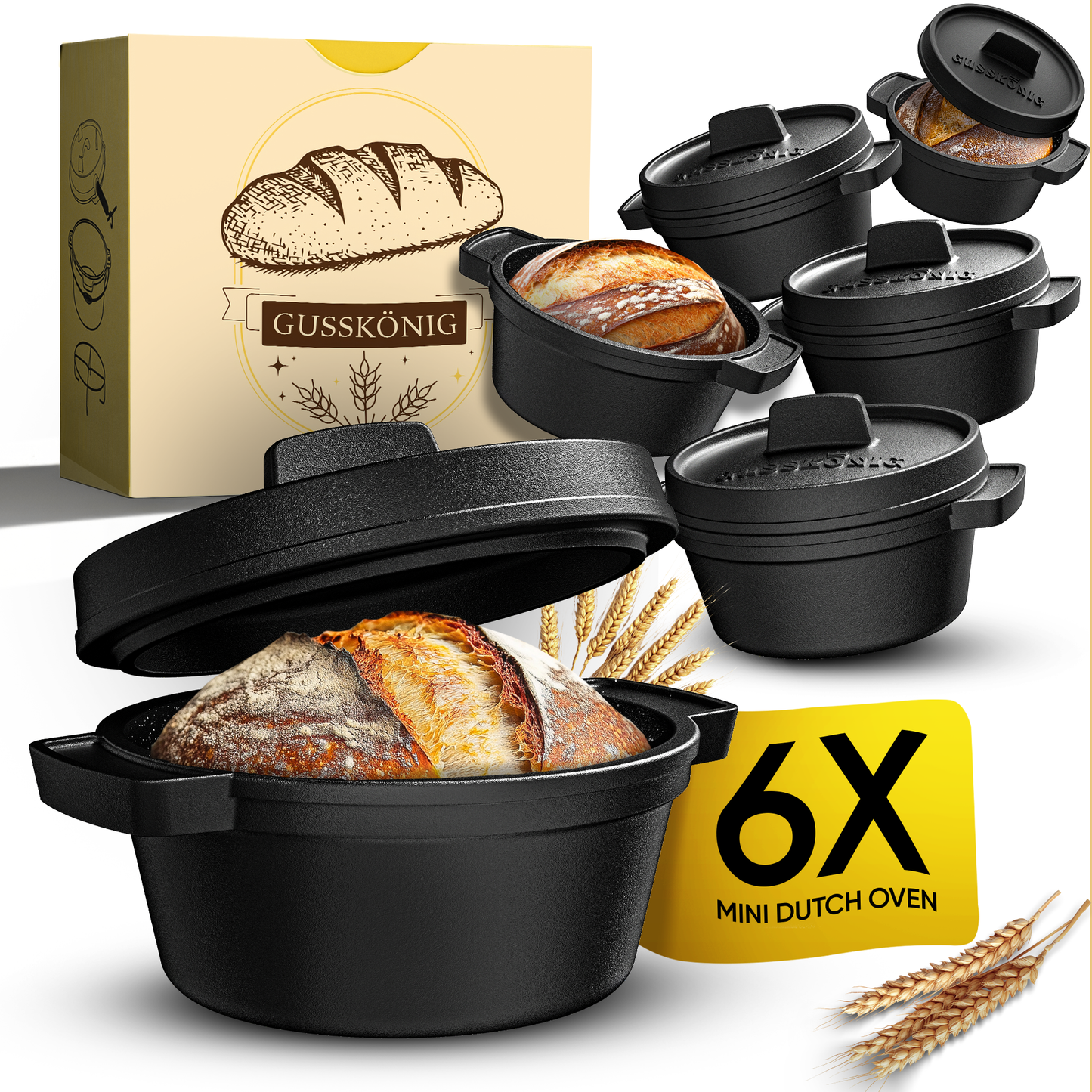 GUSSKÖNIG Mini Gusseisen Brotbackform Set – [6x, 4x] 300ml Brotbacktopf mit Deckel