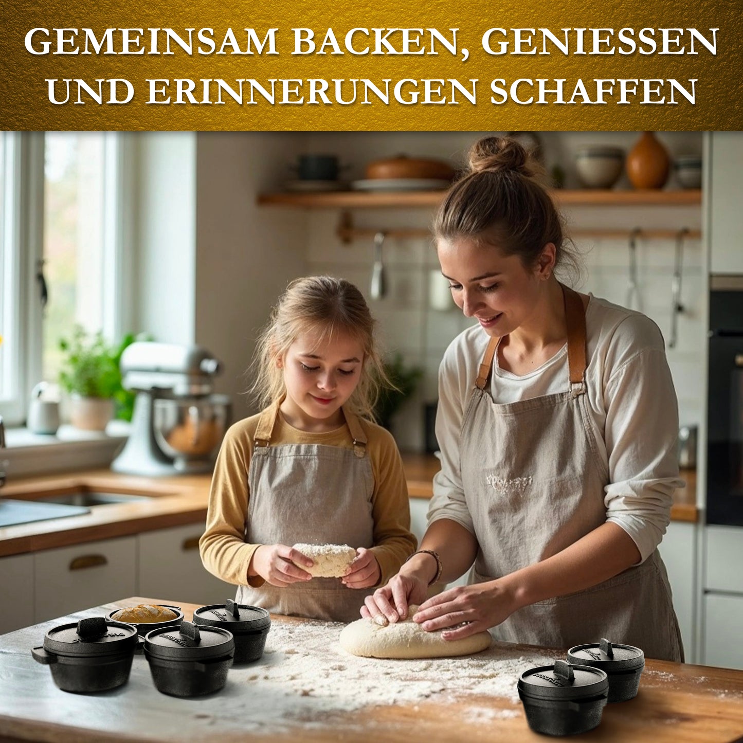 GUSSKÖNIG Mini Gusseisen Brotbackform Set – [6x, 4x] 300ml Brotbacktopf mit Deckel