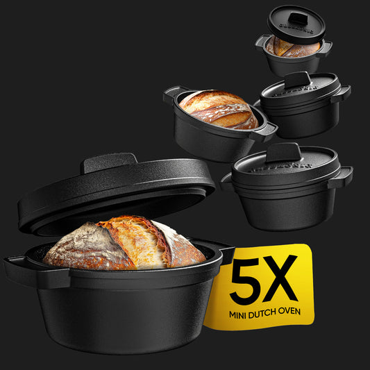 GUSSKÖNIG Mini Gusseisen Brotbackform Set – [6x, 4x] 300ml Brotbacktopf mit Deckel