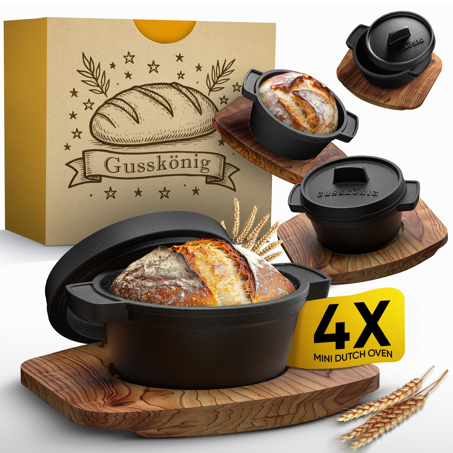 GUSSKÖNIG Mini Gusseisen Brotbackform Set – [6x, 4x] 300ml Brotbacktopf mit Deckel