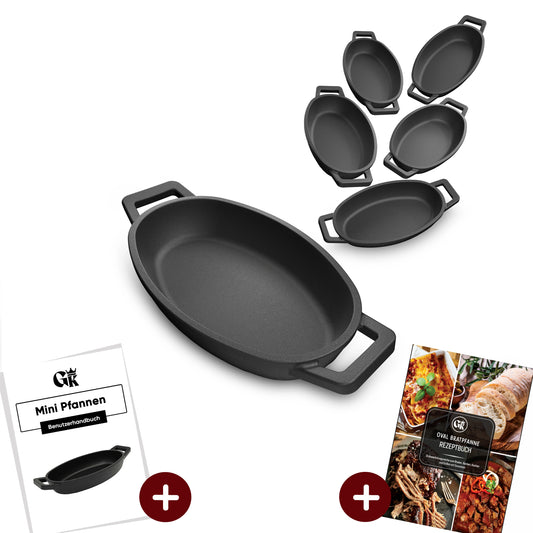 Servierpfannen Set – 6 ovale Gusseisenpfännchen