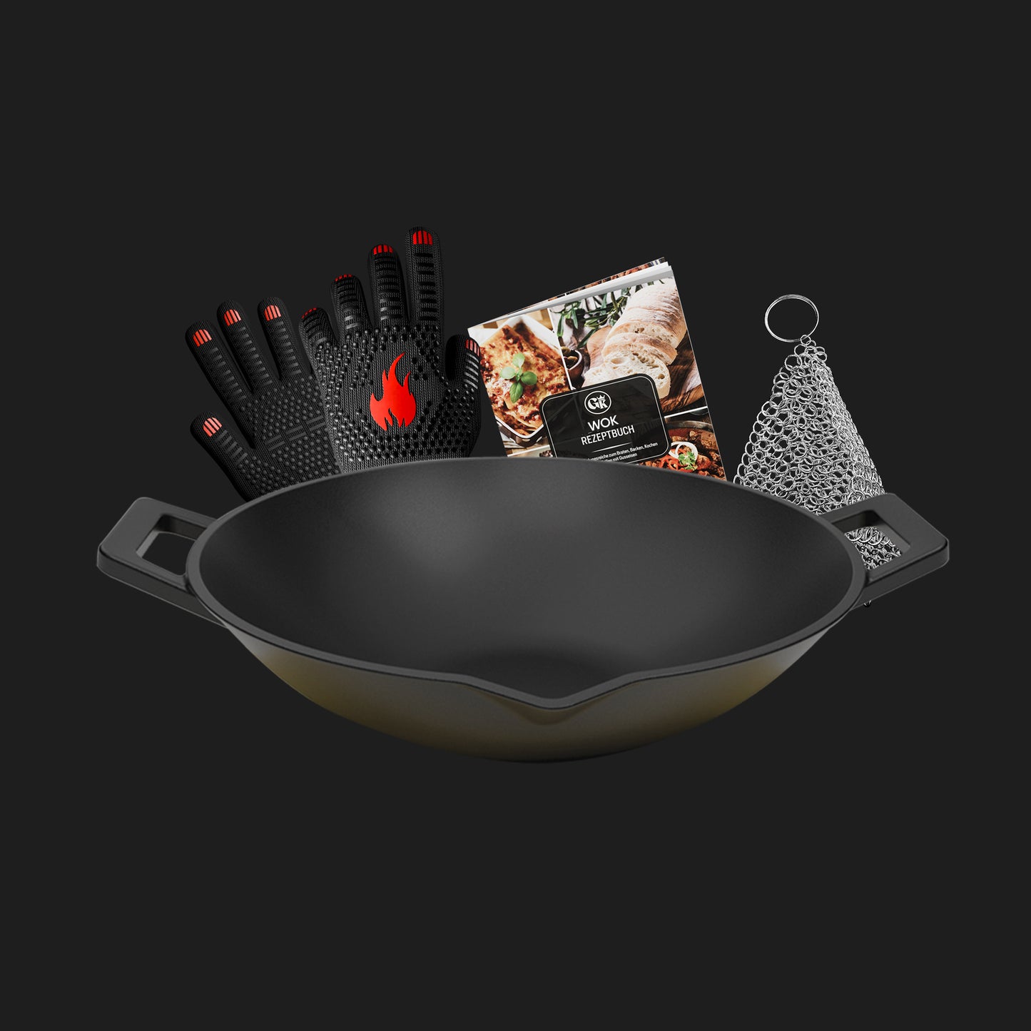 Gusseisen Wok Pfanne 36 cm - mit Grillhandschuhe
