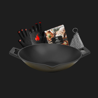 Gusseisen Wok Pfanne 36 cm - mit Grillhandschuhe
