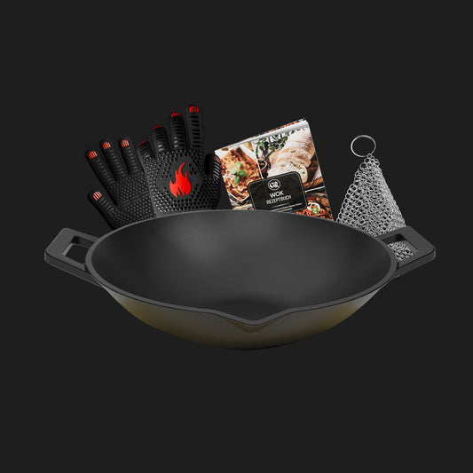 Gusseisen Wok Pfanne 36 cm - mit Grillhandschuhe