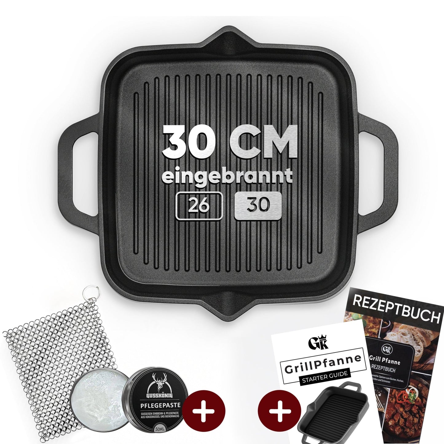 Bratpfanne & GusseisenpfanneGrillpfanne+PflegepasteGusskönig
