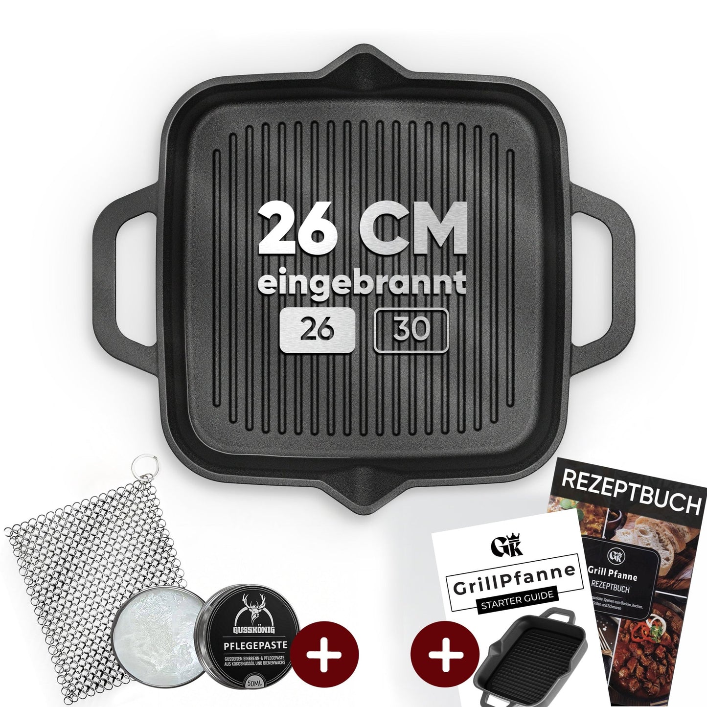 Bratpfanne & GusseisenpfanneGrillpfanne+PflegepasteGusskönig