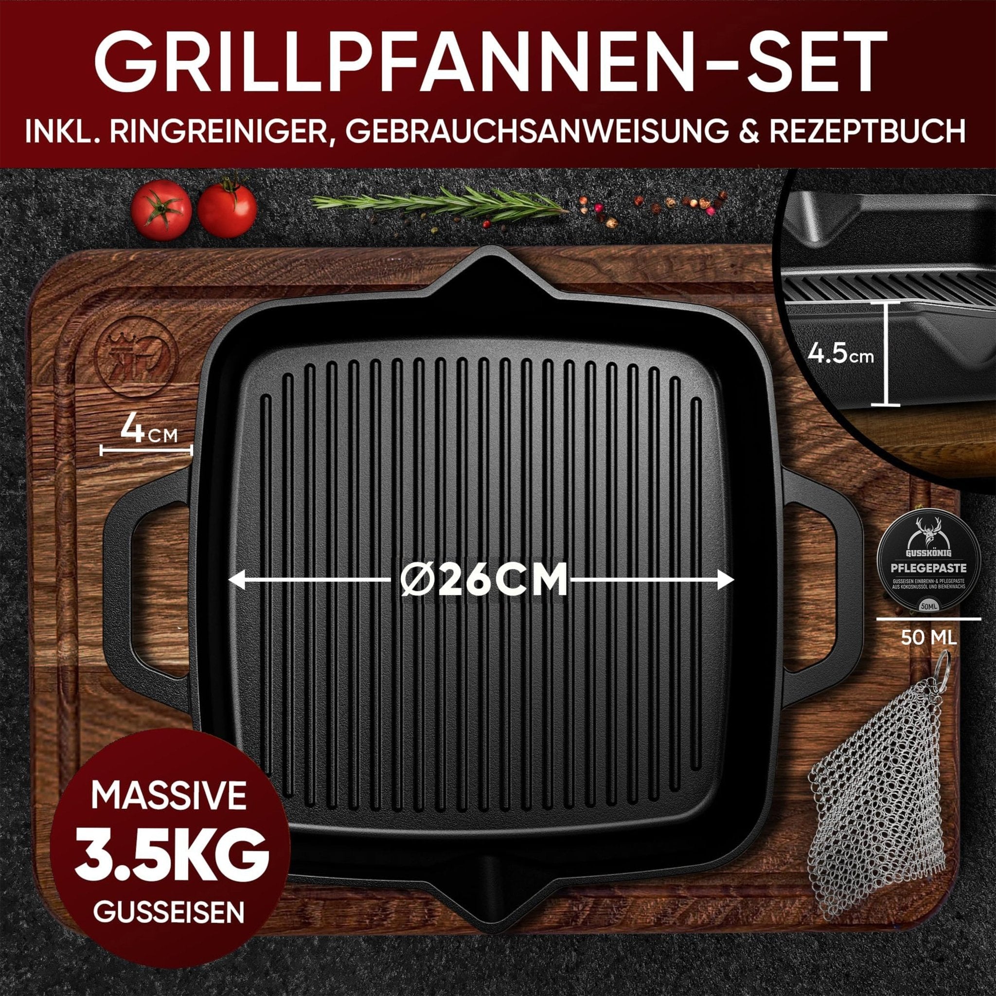 Bratpfanne & GusseisenpfanneGrillpfanne+PflegepasteGusskönig