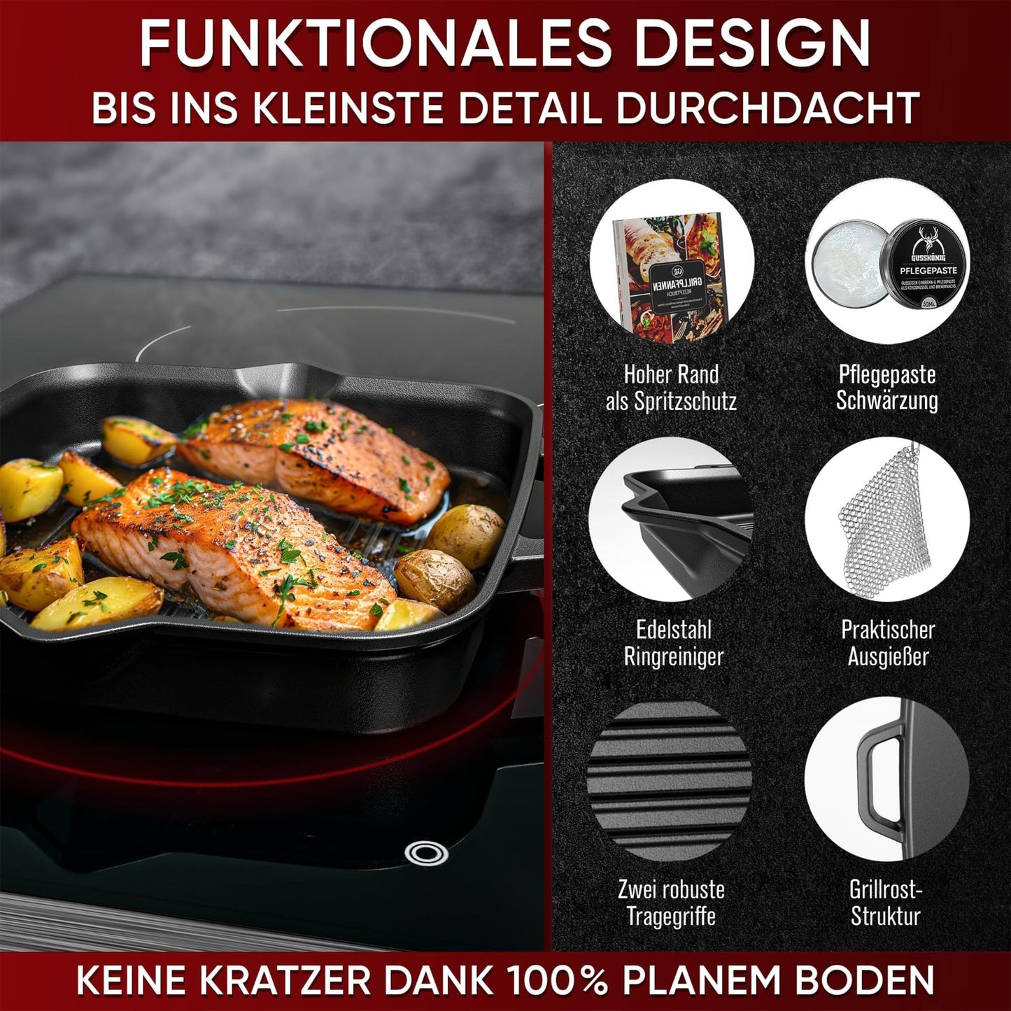 Bratpfanne & GusseisenpfanneGrillpfanne+PflegepasteGusskönig