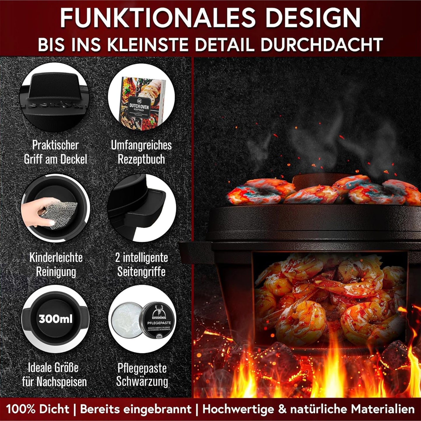 Dutch Oven Set Mini- 300ml Gusseisen Mini Topf mit DeckelMit PflegepasteGusskönig