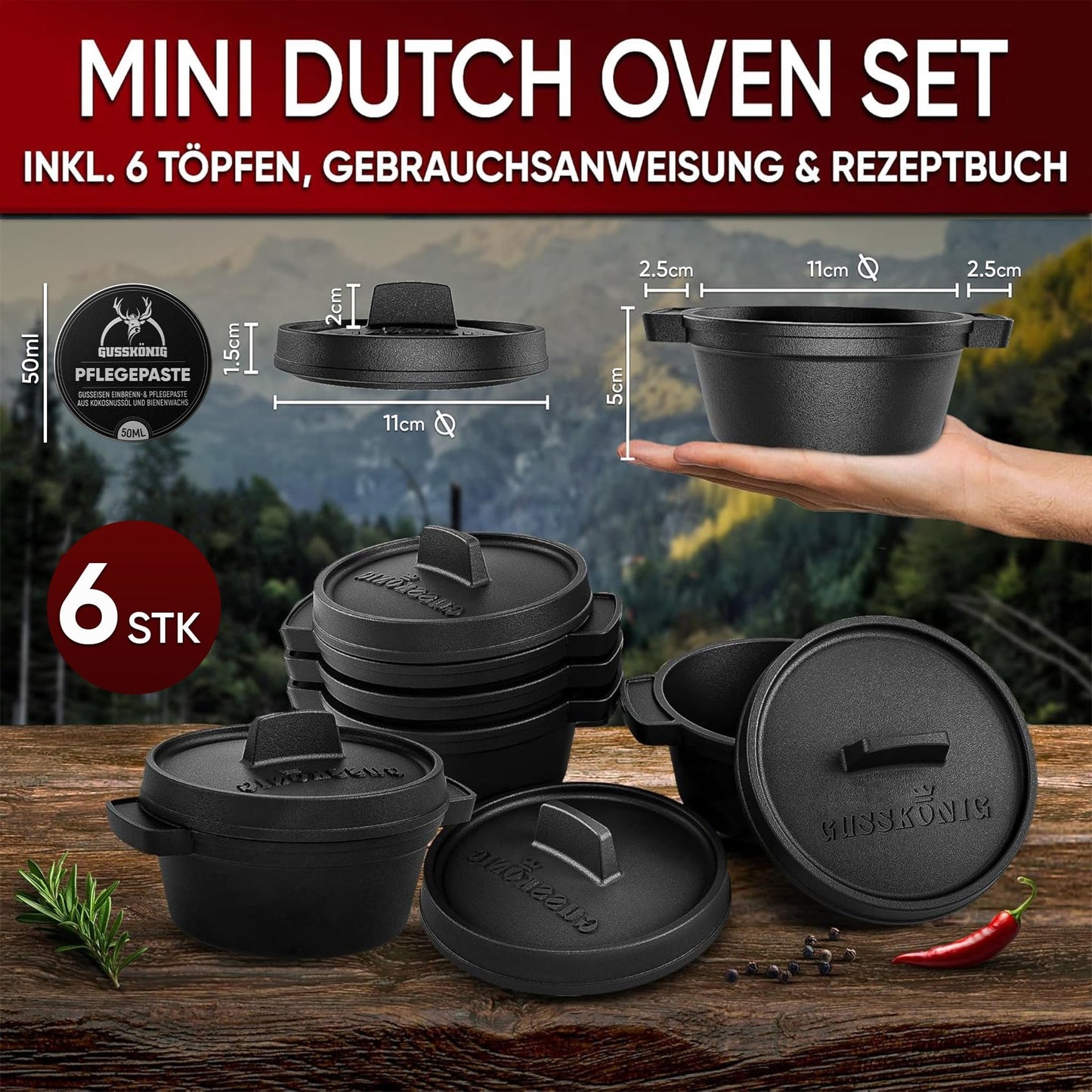 Dutch Oven Set Mini- 300ml Gusseisen Mini Topf mit DeckelMit PflegepasteGusskönig
