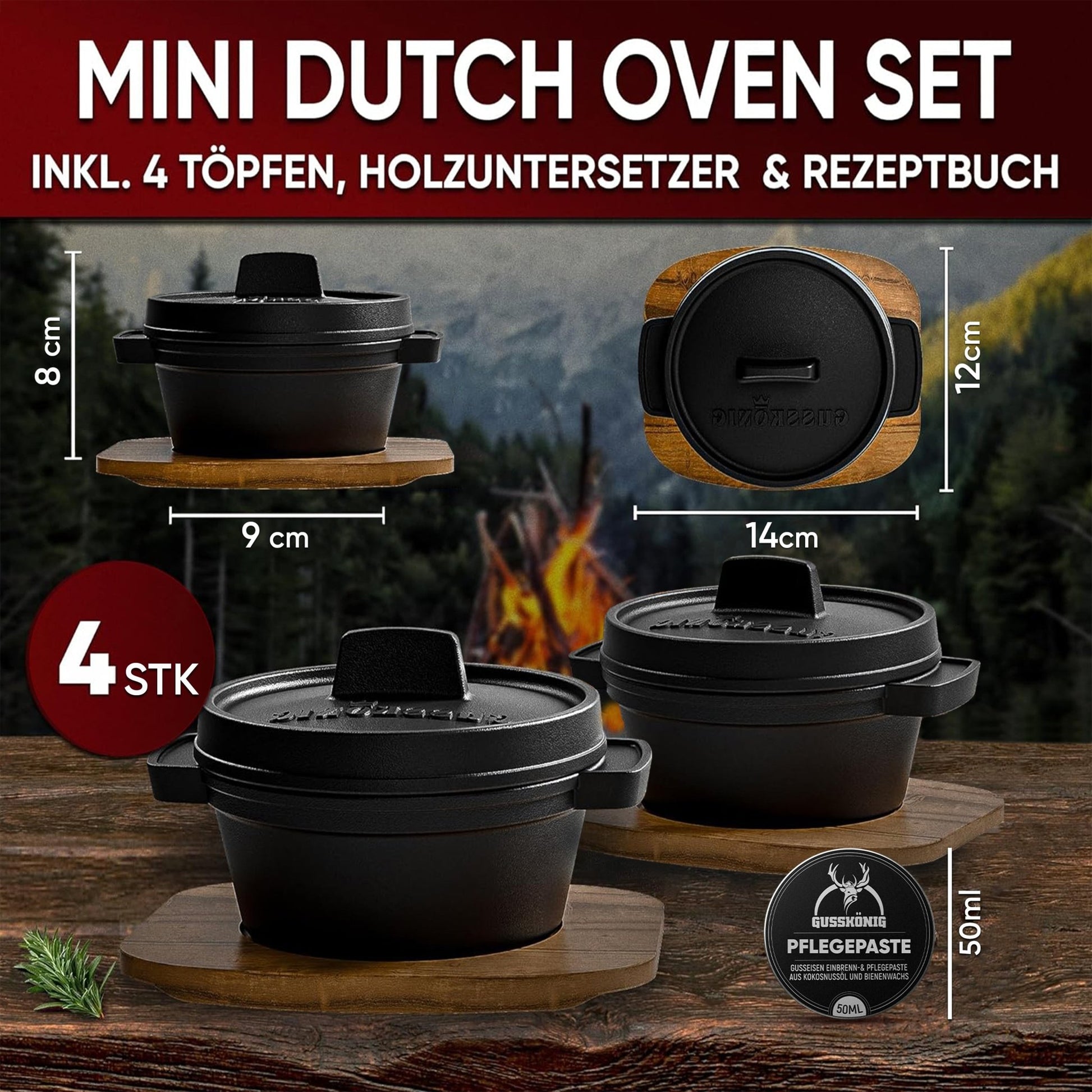 Dutch Oven Set Mini- 300ml Gusseisen Mini Topf mit DeckelMit PflegepasteGusskönig