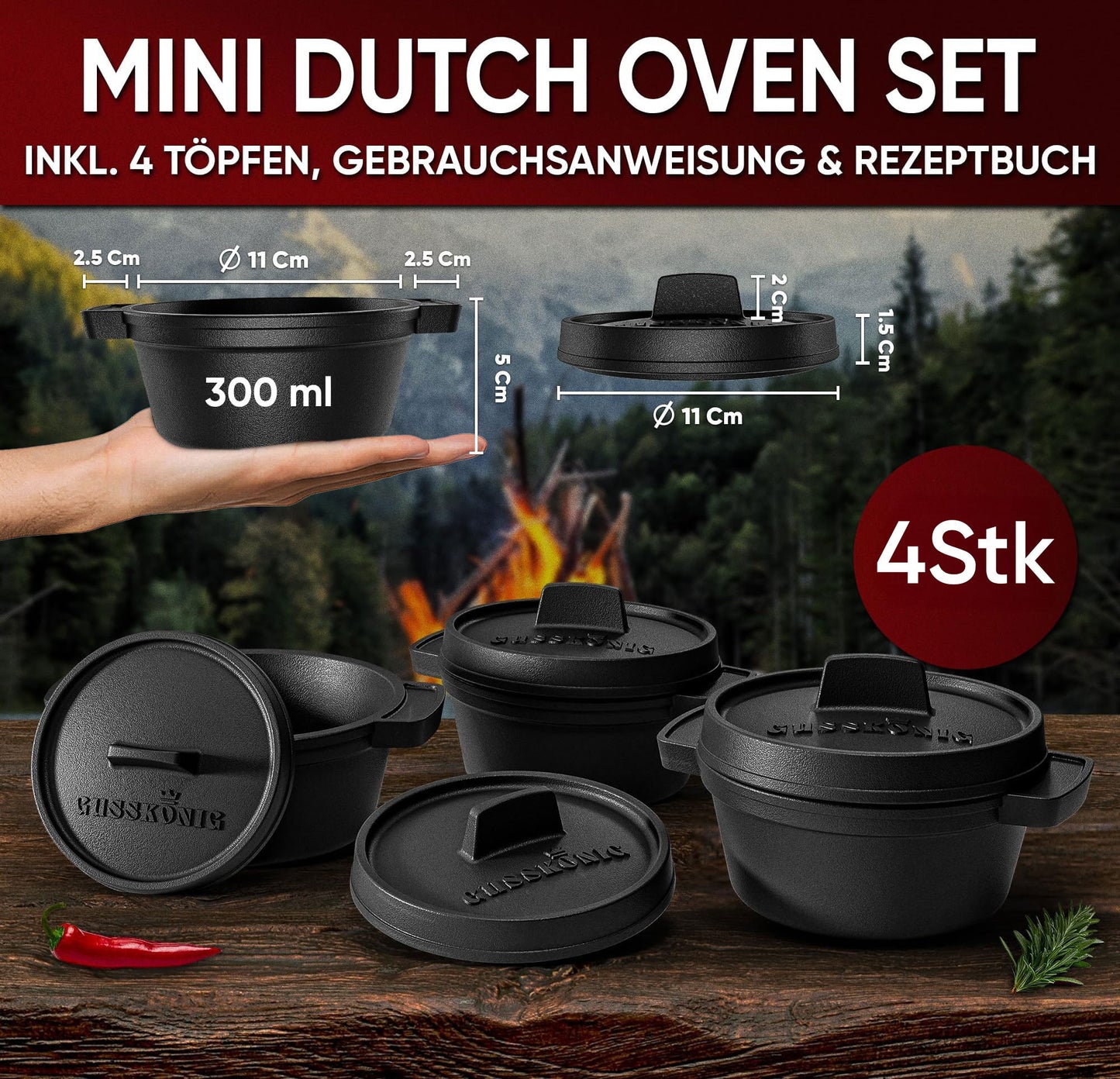 Dutch Oven Set Mini- 300ml Gusseisen Mini Topf mit DeckelOhne PflegepasteGusskönig