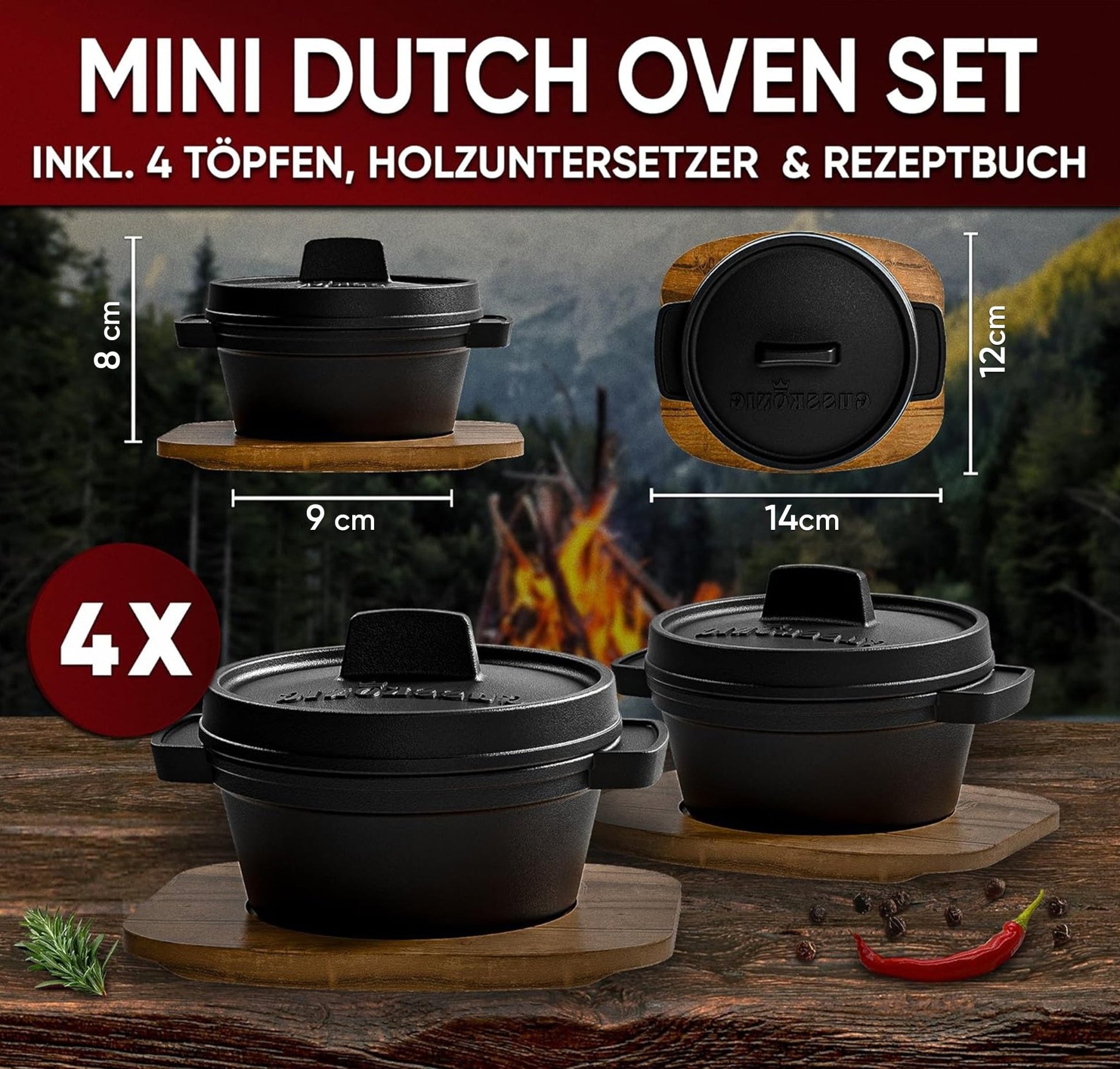 Dutch Oven Set Mini- 300ml Gusseisen Mini Topf mit DeckelOhne PflegepasteGusskönig