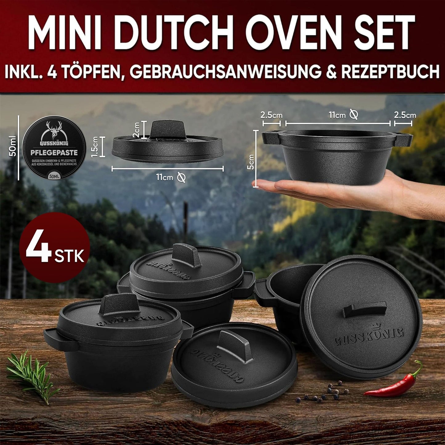 Dutch Oven Set Mini- 300ml Gusseisen Mini Topf mit DeckelMit PflegepasteGusskönig