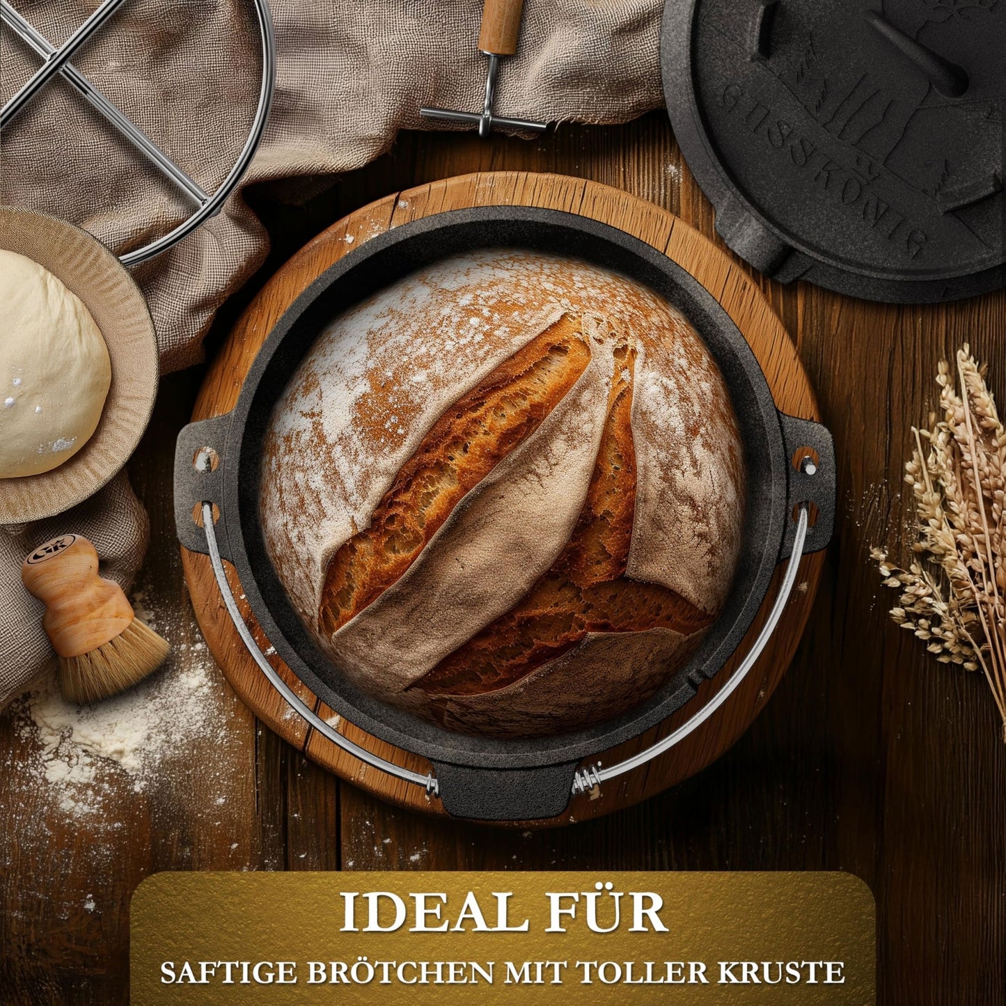 Gusseisen Brotbackform mit Deckel – inkl. Zubehör