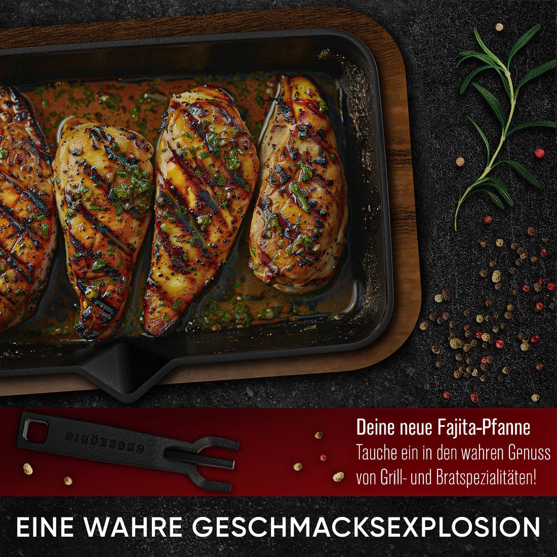 Gusseisen-Fajita-Pfanne mit Servierbrett & GriffOhne PflegepasteGusskönig