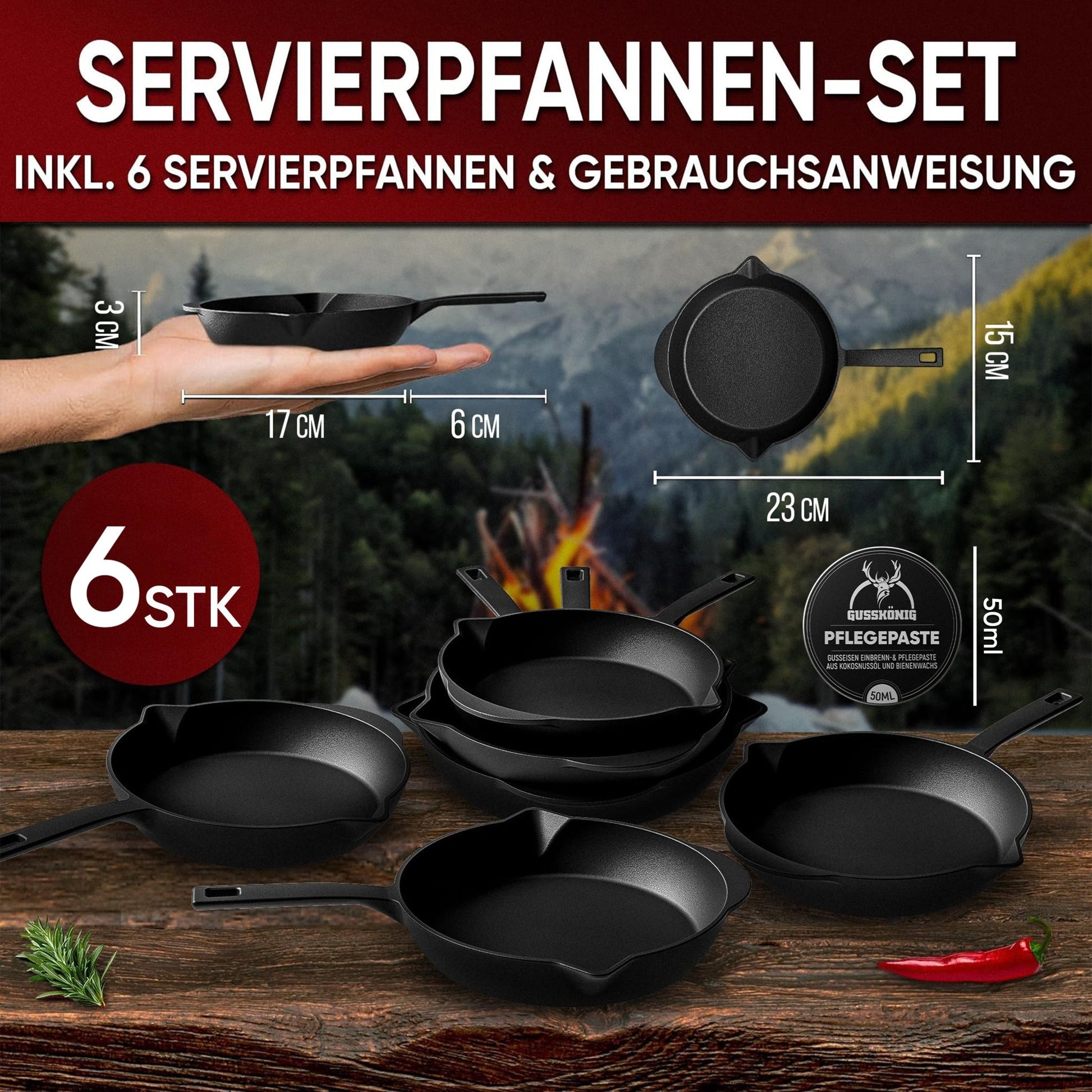 Gusseisen-Grillpfännchen 6er Set – Mini-PfannenMit PflegepasteGusskönig