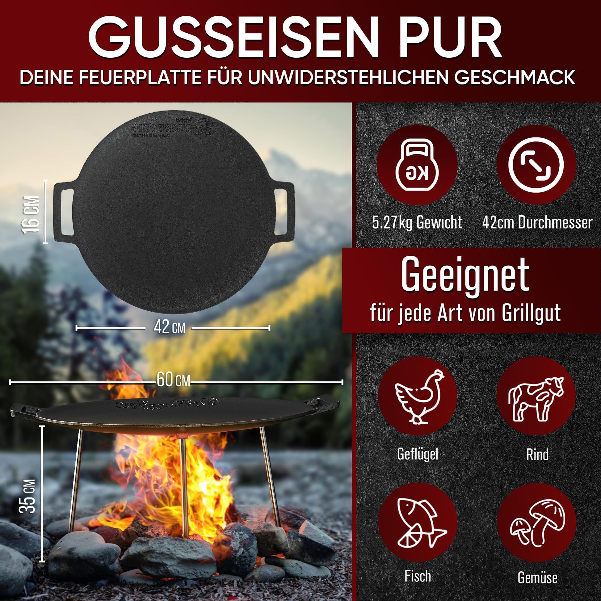 Gusseisen Grillplatte Ø42 cm mit 3 EdelstahlbeinenOhne PflegepasteGusskönig