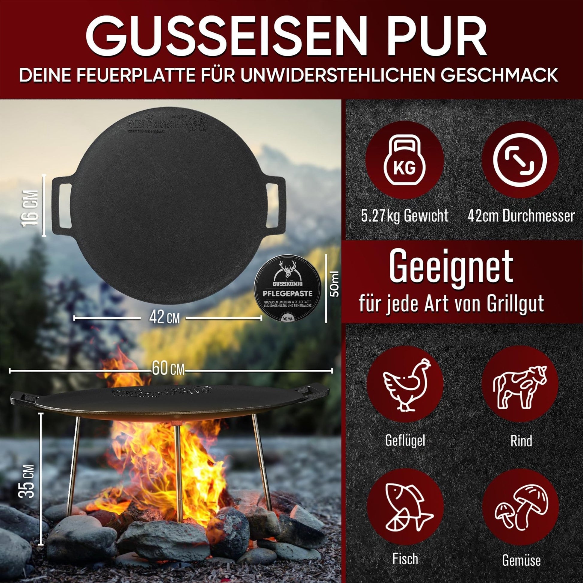 Gusseisen Grillplatte Ø42 cm mit 3 EdelstahlbeinenMit PflegepasteGusskönig
