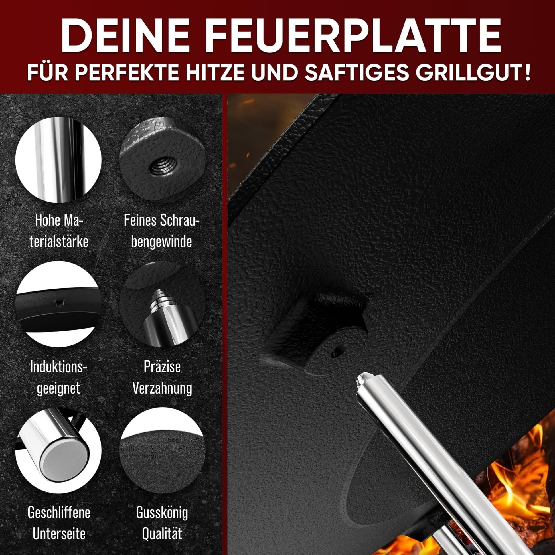 Gusseisen Grillplatte Ø42 cm mit 3 EdelstahlbeinenOhne PflegepasteGusskönig
