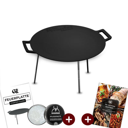 Gusseisen Grillplatte Ø42 cm mit 3 EdelstahlbeinenMit PflegepasteGusskönig